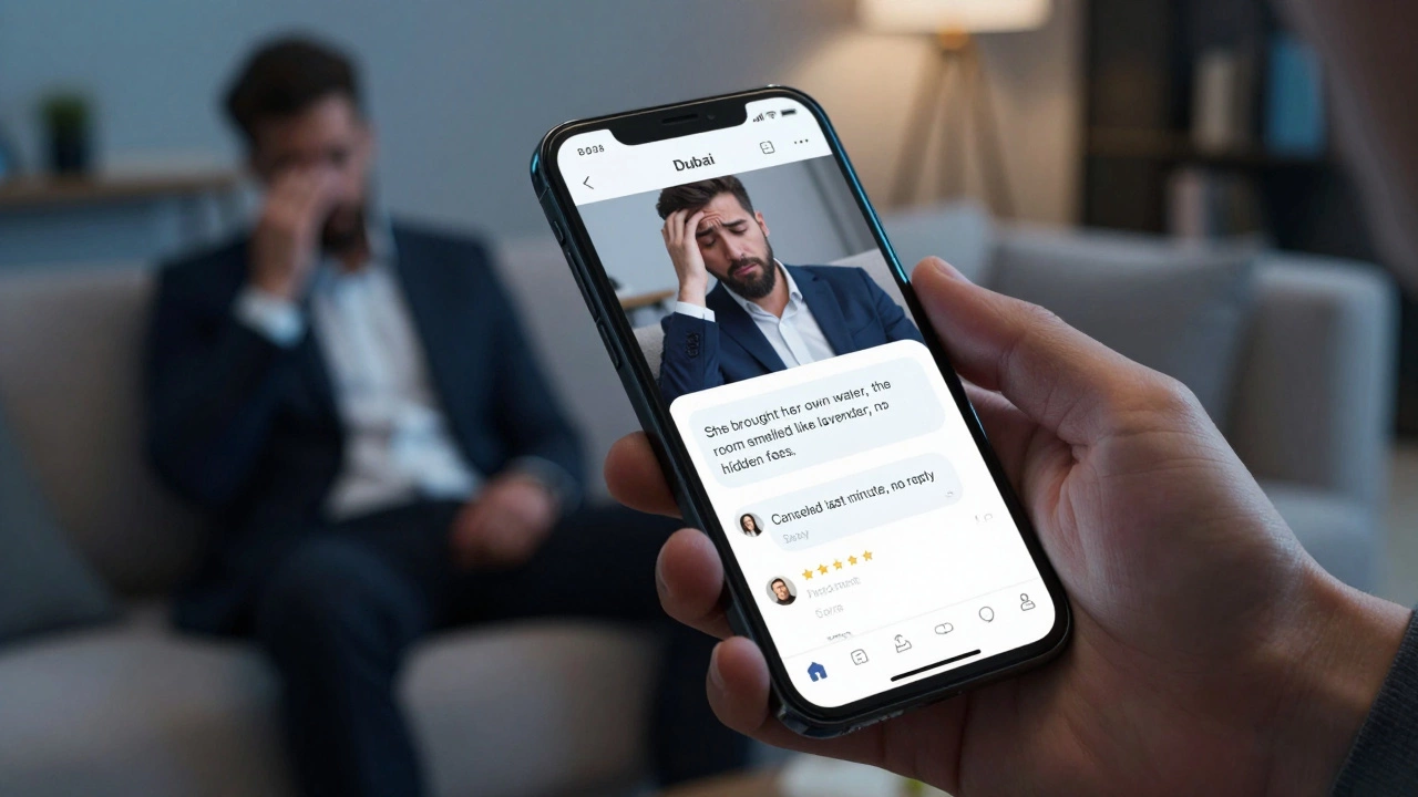A man reviewing authentic client feedback on his phone in a luxury apartment at night.