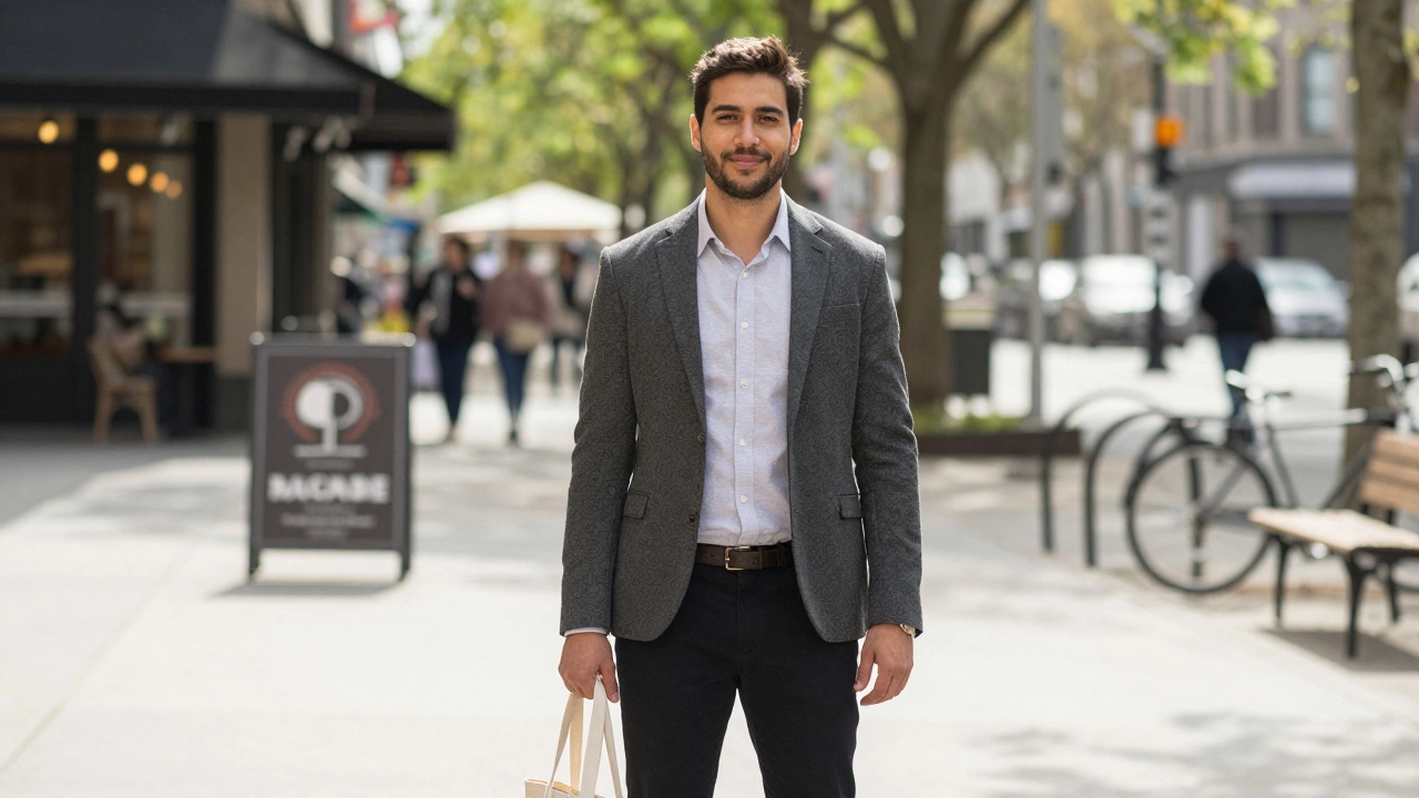 A professional individual standing calmly in an urban park, dressed neatly, natural daylight.