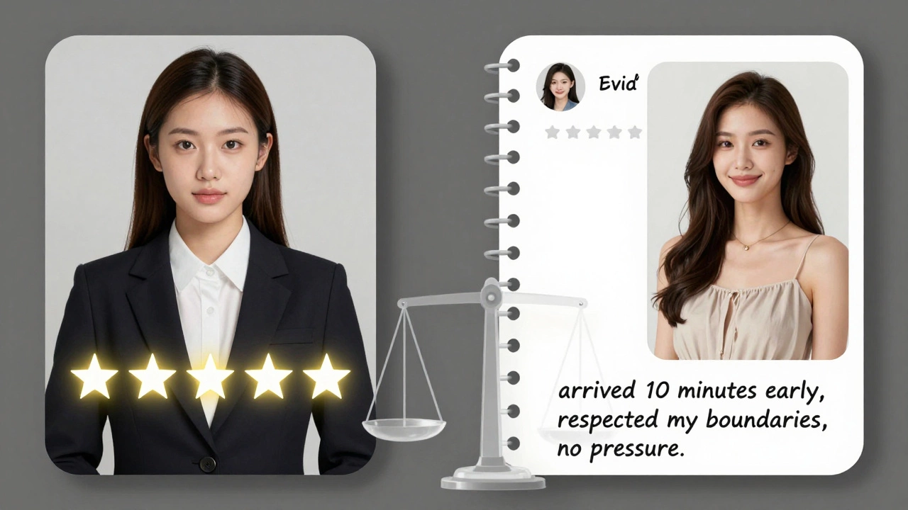 A split image contrasting fake profiles with real, detailed reviews about Dubai escort services.