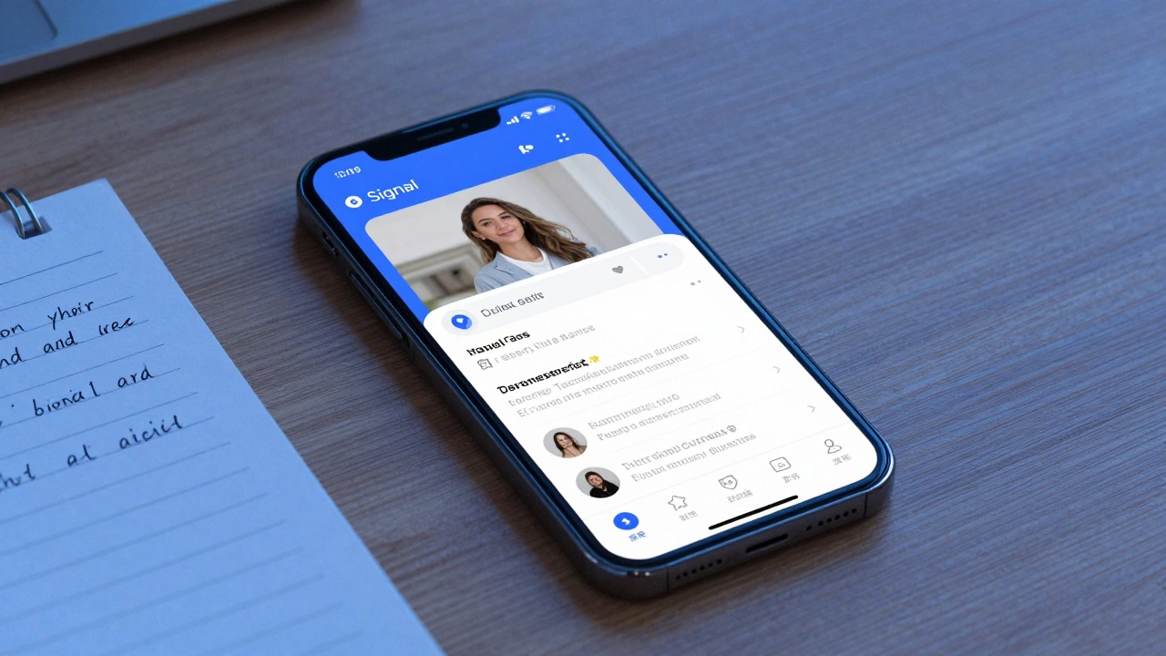 Smartphone screen showing encrypted messages and a verified escort profile with safety details.